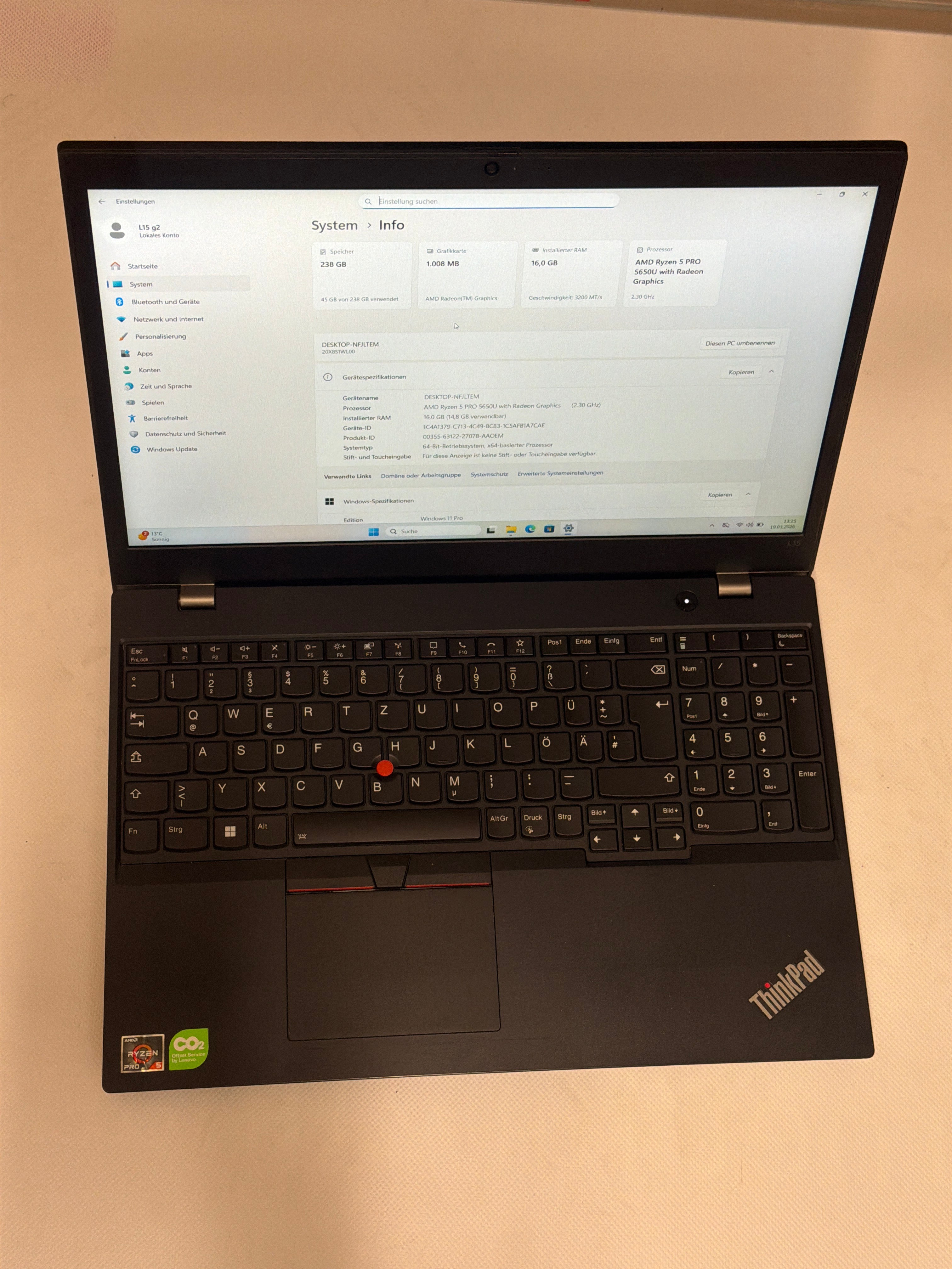 Lenovo Thinkpad L15 G2 # AMD Ryzen 5 Pro 5650U # 16 G byte # 256 G NVME SSD # 15.6 FHD Display